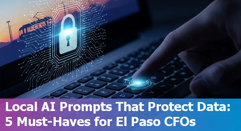 Finance professional in El Paso using AI prompts on a laptop with El Paso skyline in background.