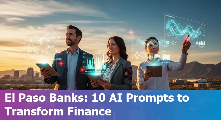 Illustration of AI in finance over a map of El Paso, Texas with icons for banking, fraud detection, budgeting, and document automation.