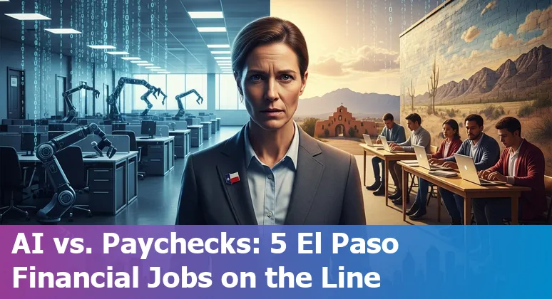 El Paso bank branch with AI icons overlay showing jobs at risk and training steps