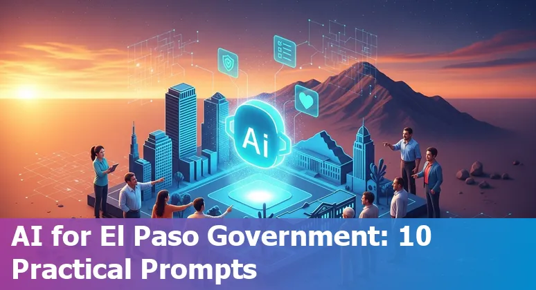 El Paso city hall with AI icons representing chatbots, translation, security, and document summaries