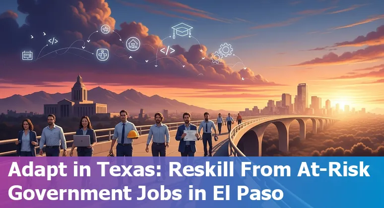 El Paso city worker at a kiosk with AI icons and Army Futures Command building in the background