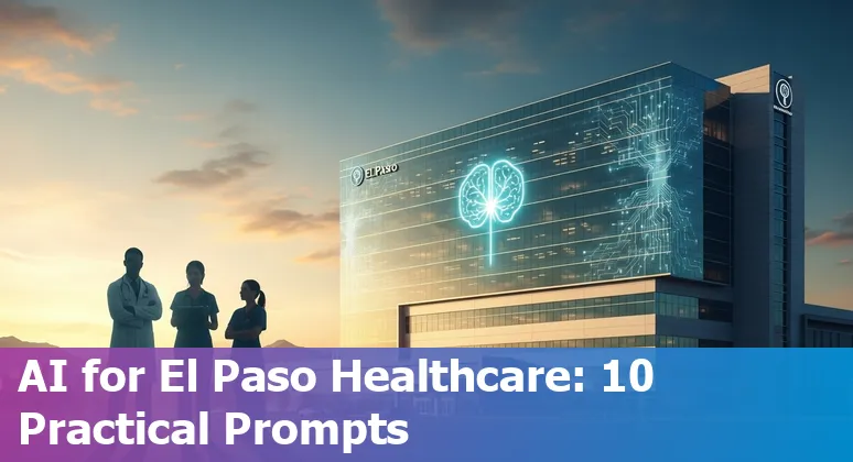 Healthcare worker using AI tools on a tablet with El Paso skyline background