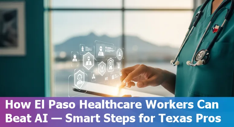 Healthcare workers in El Paso hospital discussing AI tools on a tablet, showing charts and training materials.