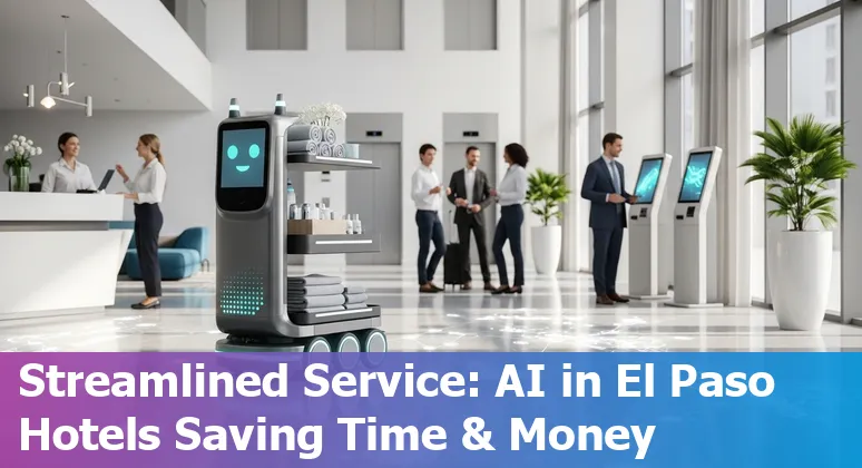 El Paso, Texas, US hotel lobby with AI-powered kiosk and logistics trucks representing Gamer Logistics and AizenFlow