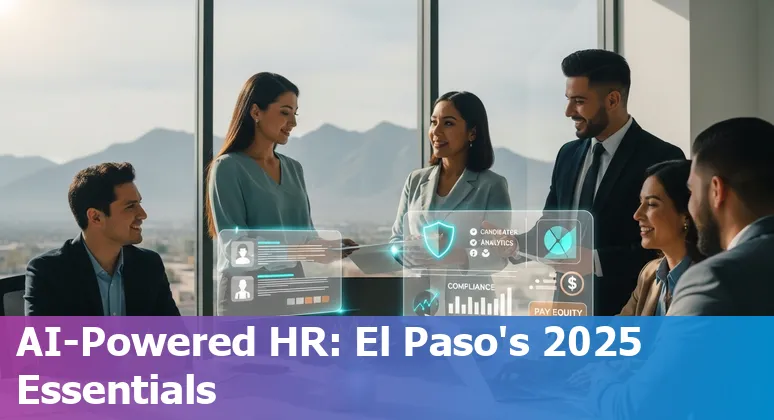 El Paso HR professional using AI tools on a laptop with city skyline in background