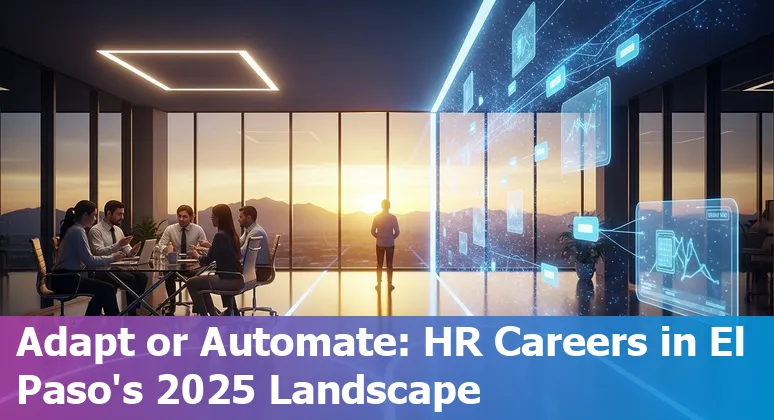 HR professional using AI tools on a laptop with El Paso, Texas skyline in the background