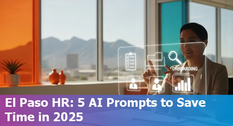 HR professional using AI prompts on laptop with El Paso skyline in background