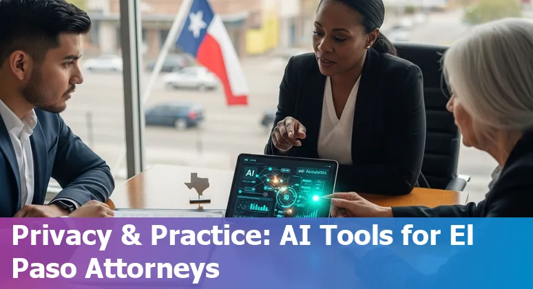 El Paso, Texas lawyer using AI tools on a laptop with Texas state and legal symbols in the background