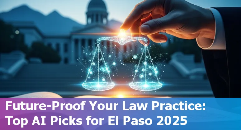 Lawyer using AI tools on laptop with El Paso skyline in background, icons for Spellbook, CoCounsel, Lexis+ AI, Westlaw Edge, Harvey AI.
