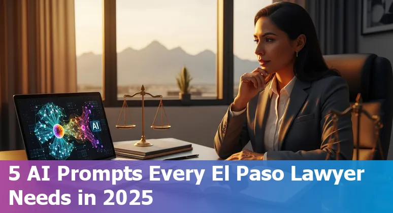 Lawyer using AI prompts on laptop with an El Paso skyline overlay, 2025 compliance icons
