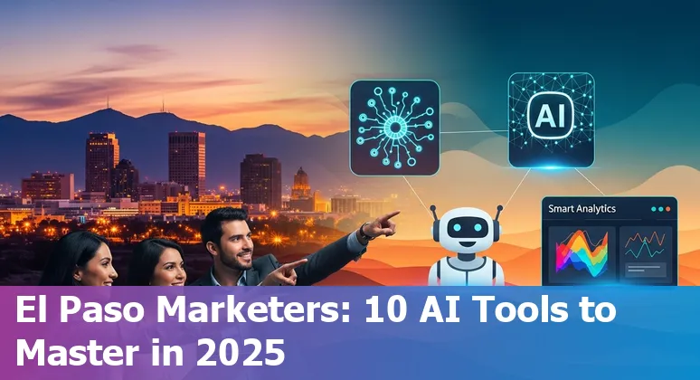 El Paso marketer using AI tools on laptop with city skyline and digital icons representing content, analytics, chatbots, and automation.