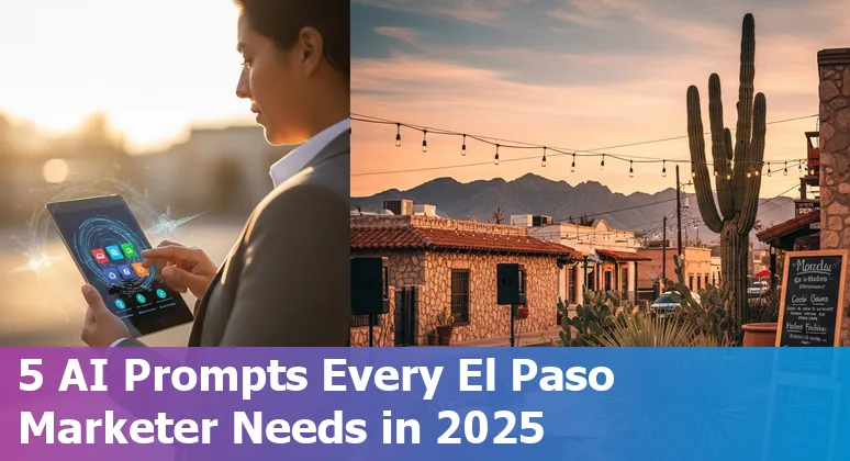 El Paso marketer using AI prompts on laptop; bilingual marketing and Sunbelt Builders Show references.