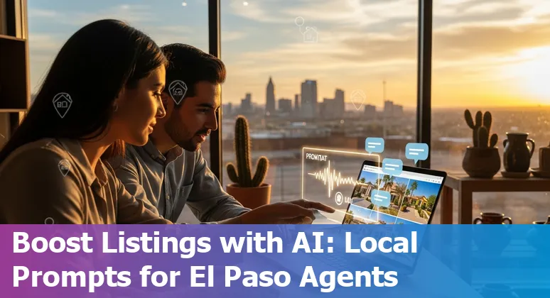 El Paso skyline with digital overlays showing AI-driven property listings, predictive charts, and 3D virtual tour.