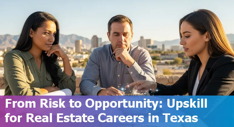 El Paso skyline with real estate icons and AI symbols overlay, showing jobs and adaptation steps.