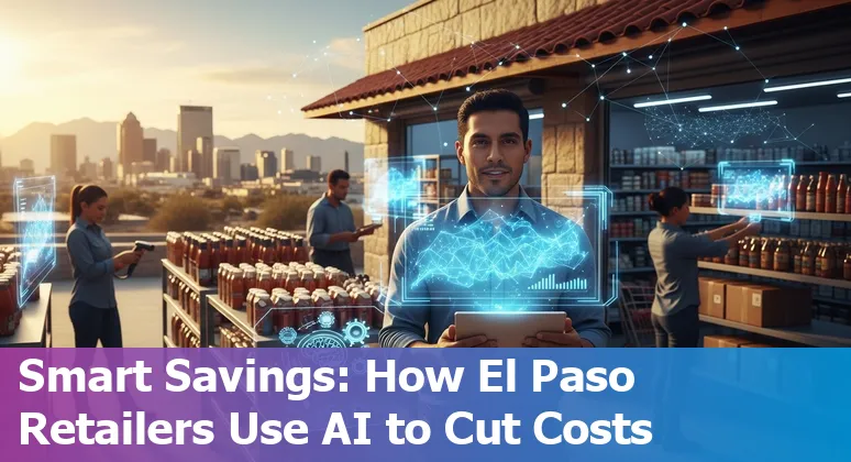 El Paso, Texas retail storefront with AI logistics dashboard overlay showing carrier tracking and cost savings