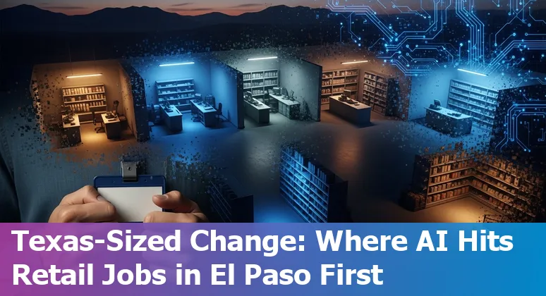 Retail worker facing AI automation icons over an El Paso shopping street