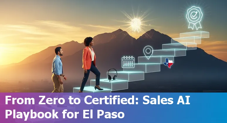 Sales professional using AI tools with El Paso, Texas skyline in the background, 2025.