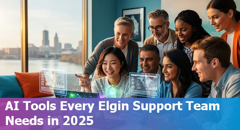 Customer service rep in Elgin using AI chat tools on laptop with Elgin skyline faint in background