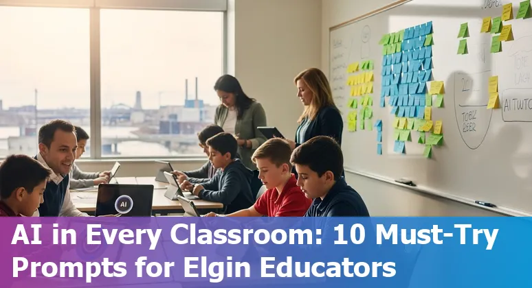 Teacher using AI prompts on a laptop to create lessons and parent emails for Elgin schools.