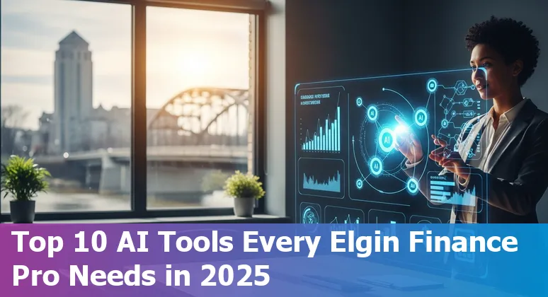 Collage of AI tools logos over an Elgin, Illinois skyline with finance icons for accounting and banking.