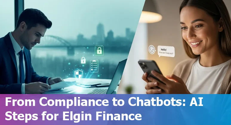 Illustration of AI in financial services with Elgin, Illinois skyline and Chicago conference references.