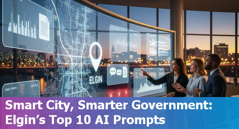 City hall of Elgin, Illinois with overlay icons representing AI, grants, traffic, and chatbots