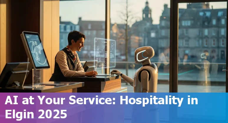 Hotel lobby with AI dashboard overlay in Elgin, Illinois hotel—AI in hospitality 2025 image
