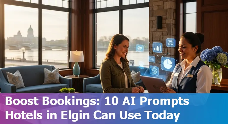 Hotel front desk with AI chatbot overlay, Elgin skyline in background