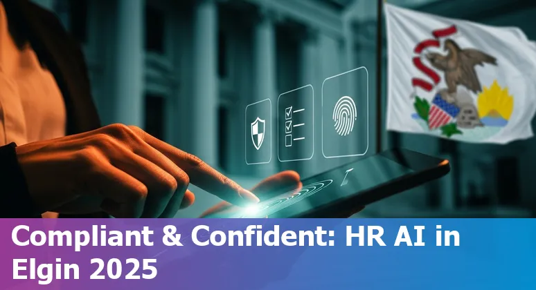 Elgin, Illinois HR professional using AI tools on a laptop with Chicago-Elgin skyline in background