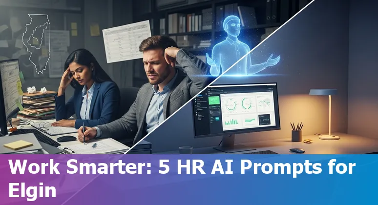 HR professional in Elgin using AI prompts on a laptop to create job posts, interviews, onboarding plans, surveys, and hybrid work policies.