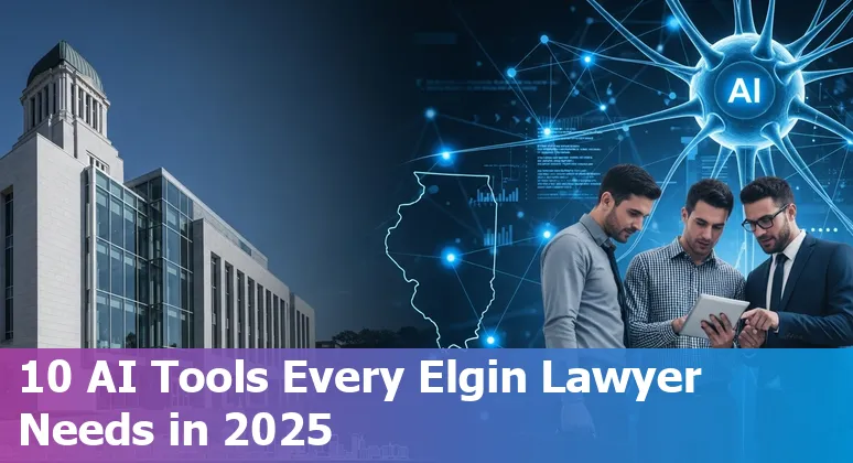 Lawyer using AI tools on a laptop with Elgin, Illinois courthouse in the background