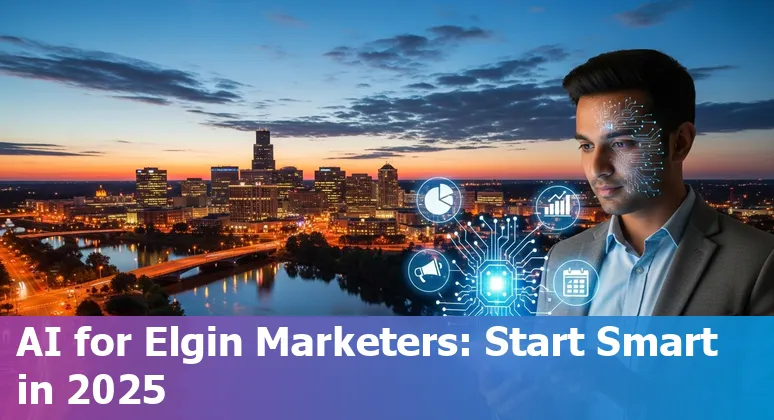 Marketer using AI tools on laptop with Elgin, Illinois skyline and local landmarks in the background