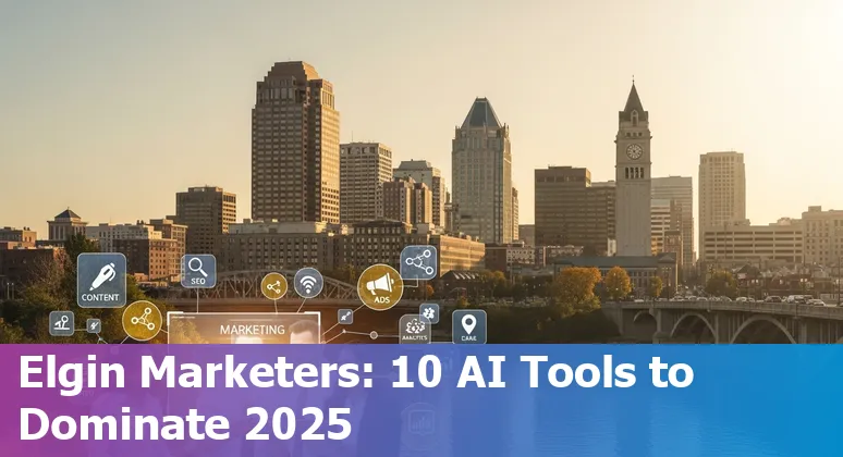 Collage of AI marketing tools logos over an Elgin, Illinois small business background
