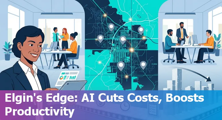 Real estate and AI concept in Elgin, Illinois: automated property systems, data dashboards, and Chicagoland skyline