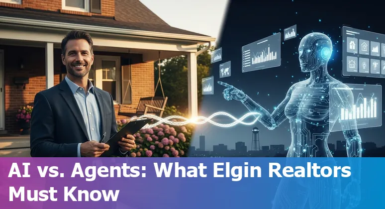 Real estate professional in Elgin reviewing AI tools on a laptop with property listings in background