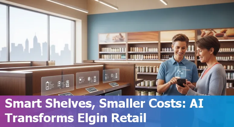 Retail employees and AI robots in an Elgin, Illinois, US store illustrating cost savings and improved efficiency