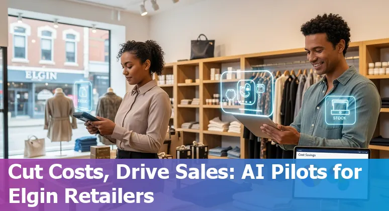 Retail storefront in Elgin, Illinois with AI icons representing personalization, inventory, pricing, and chatbots