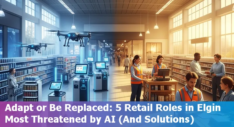 Elgin retail storefront with self-checkout and a worker assisting customers, illustrating AI risk and reskilling.
