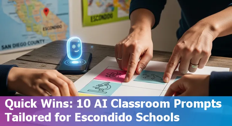 Educators in Escondido using AI tools on laptops with school campus background
