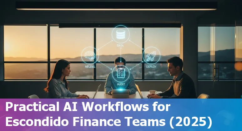 Finance professional using AI tools on a laptop in Escondido, California skyline in background
