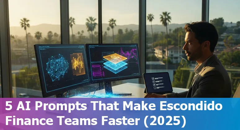 Finance professional in Escondido using AI prompts on a laptop to analyze cash flow and prepare a board deck.