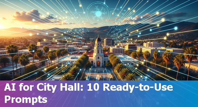Escondido city hall with icons for AI use cases: chatbot, data graphs, forms, and documents.