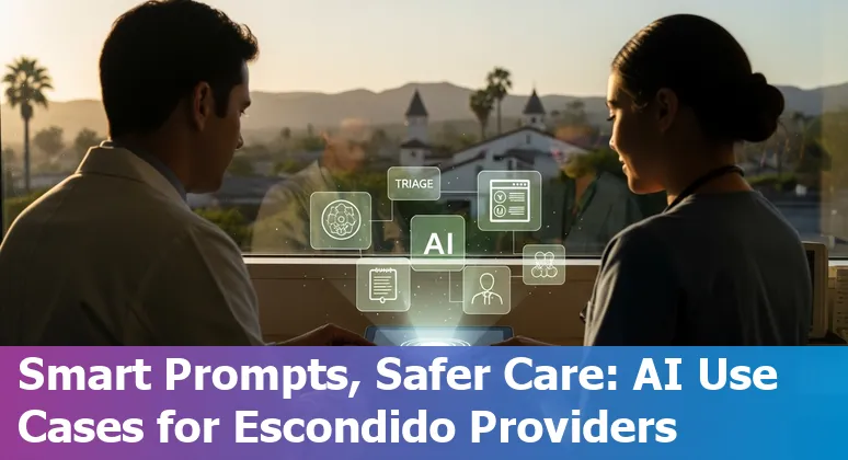 Hospital clinician using AI tools on a tablet with Escondido skyline; prompts and healthcare icons visible.