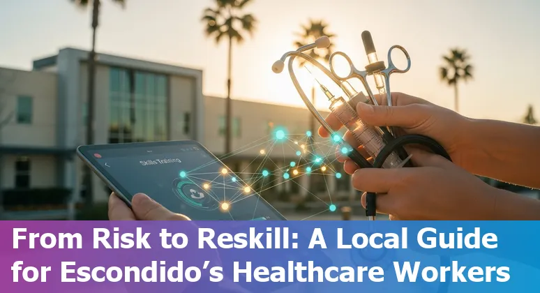 Healthcare worker with tablet reviewing AI-annotated medical images in an Escondido clinic.