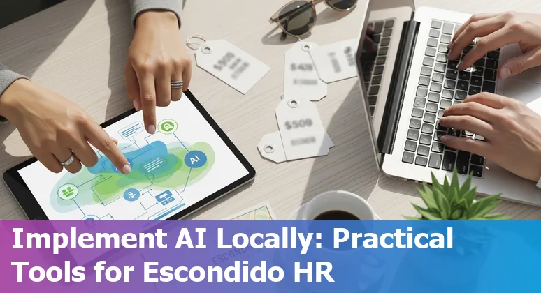 HR professional reviewing AI tool dashboard on laptop with Escondido skyline visible.