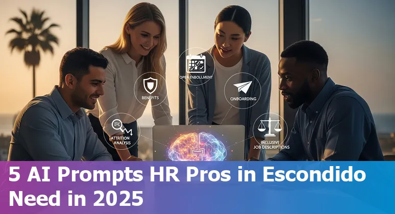 HR professional using AI prompts on a laptop with Escondido skyline in the background