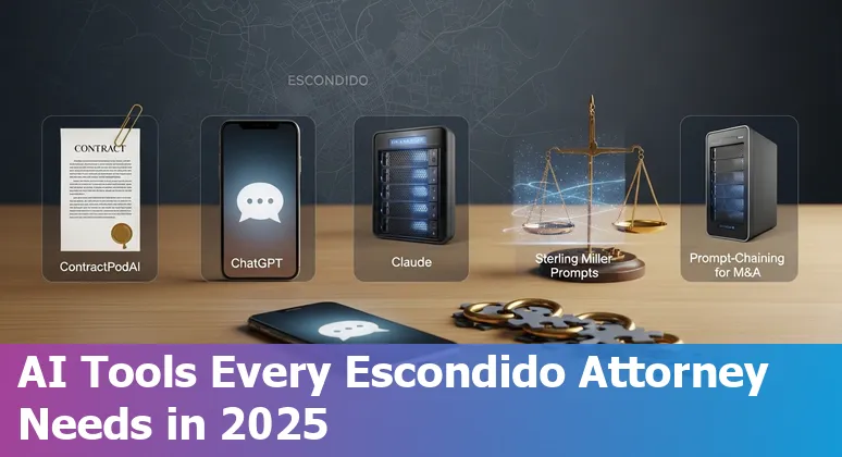 Escondido attorney using AI on laptop with courthouse in background, representing legal AI prompts for 2025.