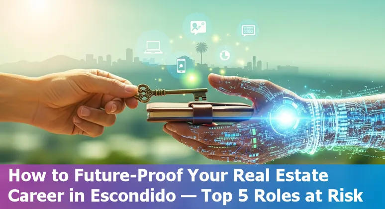 Escondido real estate agent using AI tools on a laptop beside local property photos