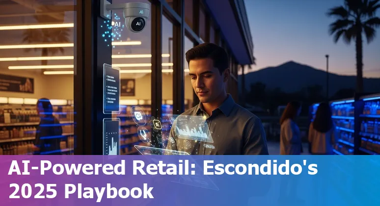 Escondido, California, US retail storefront with AI icons showing personalization, inventory, and checkout