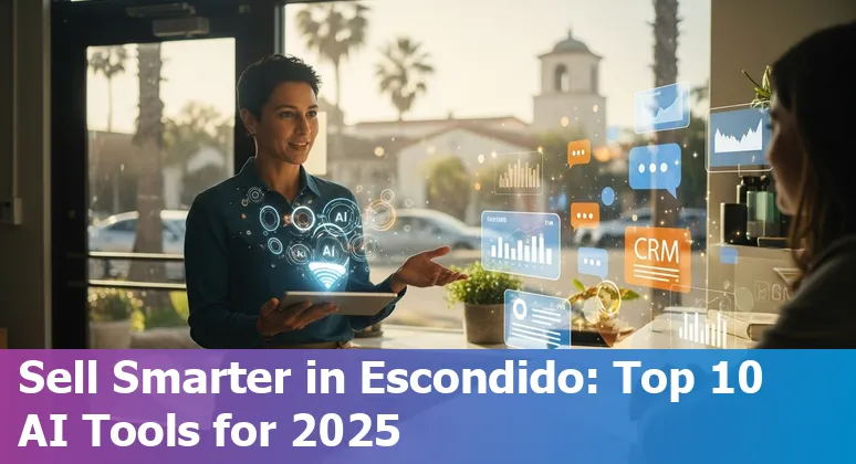 Sales professional using AI tools on laptop with Escondido cityscape background